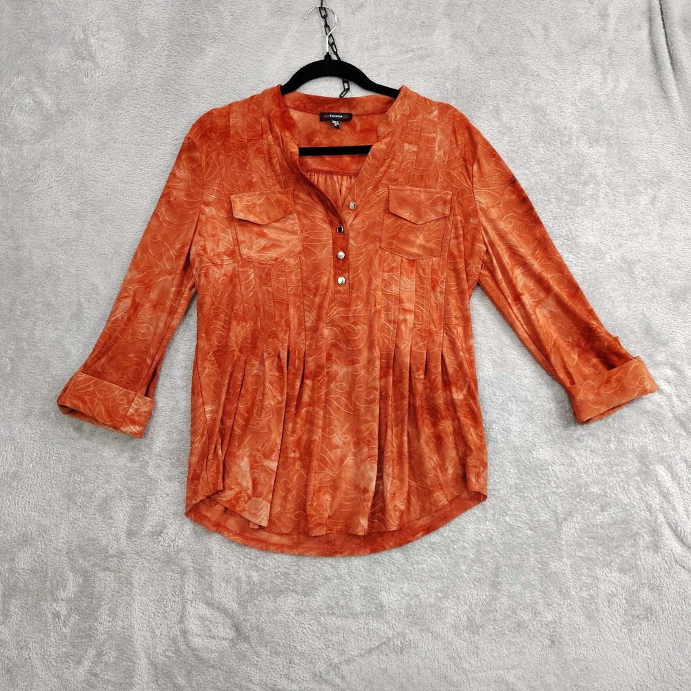 Cocomo Top Womens M Stretch Button Office Career Popover Roll Tab Sleeve Abstrac